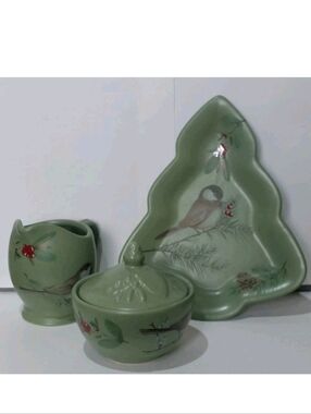 Pfaltzgraff Sage Green Ceramic Bird Motif Bowl Set Sugar Creamer Dish
